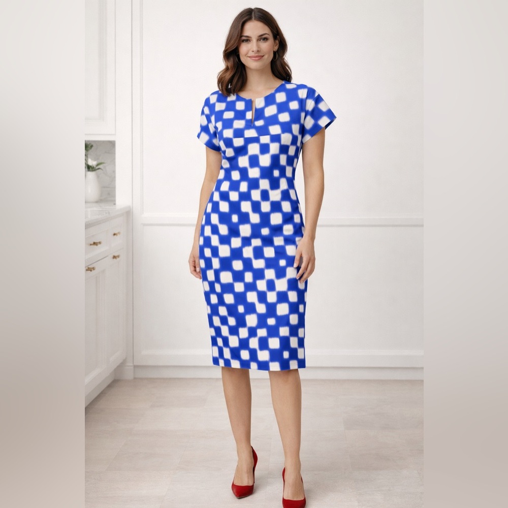 Dries Van Noten Blue White Geometric Sheath Dress EU 42 US 10 Designer Art Print